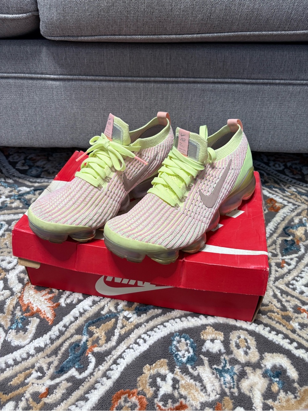 Nike VaporMax Flyknit Sneakers in Pink & Lime Green Translucent